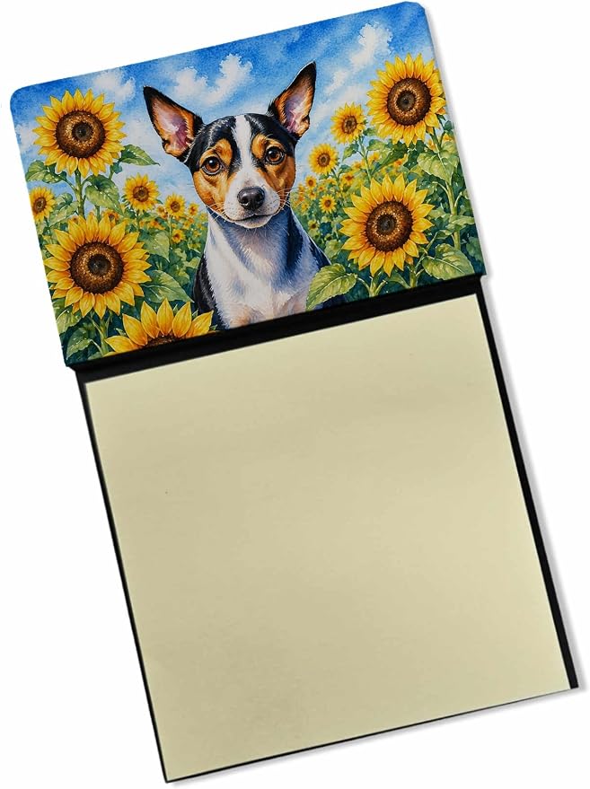 Caroline's Treasures Rat Terrier in Sunflowers Watercolor Sticky Note Holder Refillable Dispenser Desk Accessory 3x3 Pad Gift