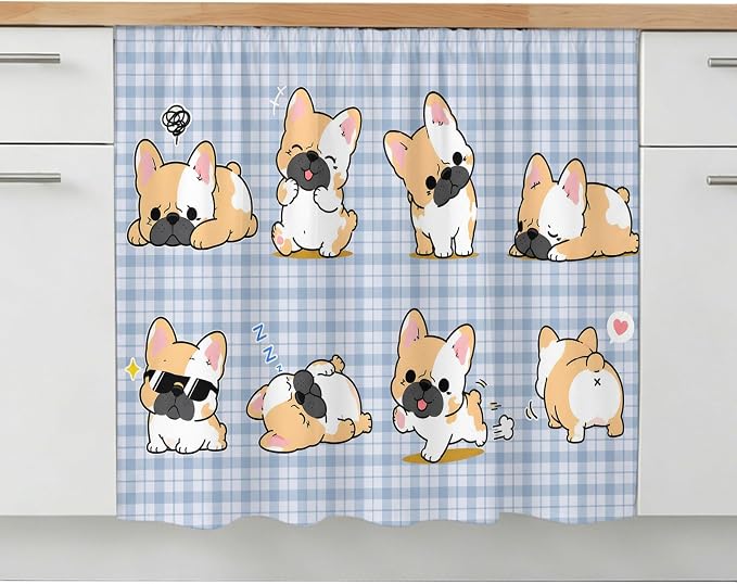 Cute Puppy Oven Skirt Curtain for Kitchen Decor 28"x35", Blue Purple Plaid Modern Funny Dogs Pet Self Adhesive Stove Curtains Skirt Cabinet Curtains for Bathroom Laundry Room