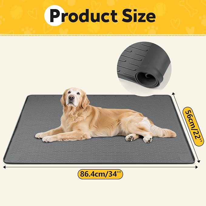 Silicone Dog Crate Mat 34"x 22" Under Dog Crate Kennel Pad Mat, Dark Grey | Extra Large Dog Cage Mat, Non-Slip Waterproof Dog Playpen Mat, Reusable Washable Dog Mat for Crate, Protect Floors