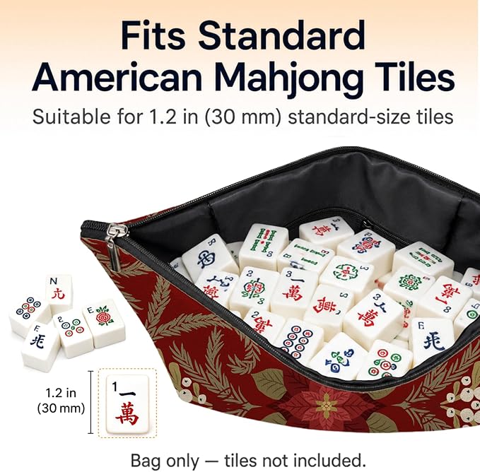 Vintage Red Floral Empty Mahjong Tile Bag 13x7.8 Inch, | Chinoiserie Printed Portable Travel Case Organizer Zipper Pouch for American Mahjong Tiles Game Night Accessories and Gifts