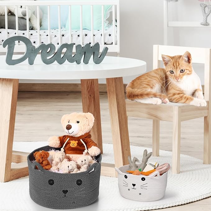 Zopeal Cat Storage Basket Woven Organizer with Ears Decorative Gift Cute Cotton Rope Pet Toy Basket for Gift Cat Dog Toy Bin Nursery Room(13.7 x 7.8 Inch,Dark Grey)