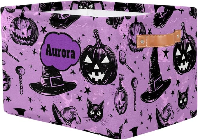 Personalized Name Storage Basket Handles for Girls, Canvas Storage Bins Toys Clothes Organizer for Bedroom, Kitchen, Bathroom, Nursery, Shelves, Closets, Hand Drawn Pumpkin Cat Witch Hat Purple