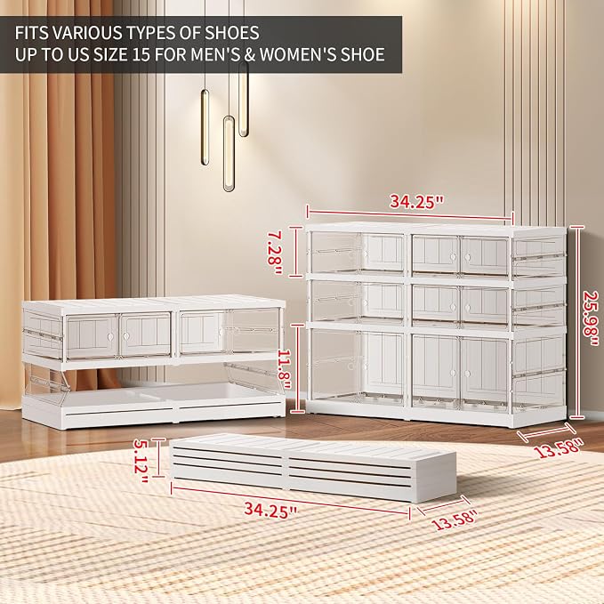 CIMLORD 3-Tier Foldable Shoe Rack, Magnetic Clear Doors, 12 Pairs, White | Collapsible Plastic Shoe Cabinet, Stackable, Lidded, Tool-Free Assembly, Fits Boots & Sneakers, Closet & Entryway