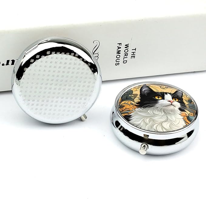 Cat Metal Round Pill Box, 3 Compartment Travel Organizer, Portable Pill Container with Secure Latch, 2 Inch Circular Vitamin Caddy for Pills and Vitamins, Gift for Him Her Elderly