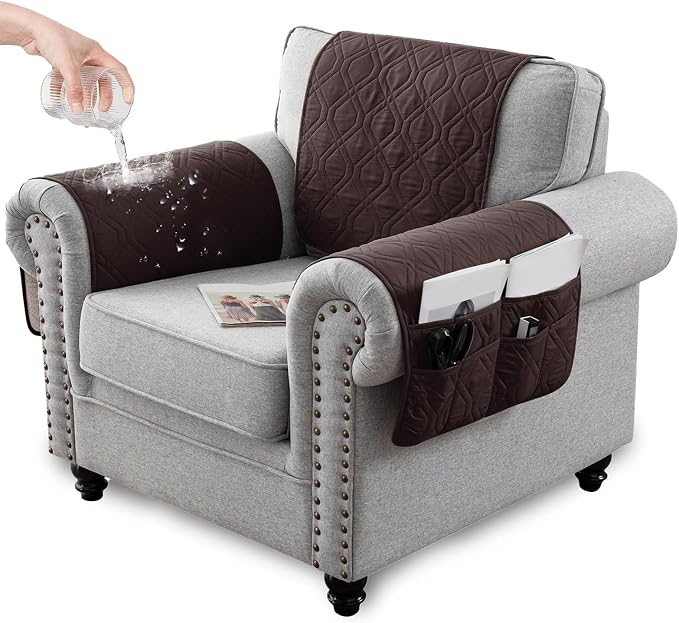 Recliner Armrest Cover with Headrest, Chair Armrest Slipcover with Side Pockets, Water-Resistant, Non Slip Furniture Protector for Pets (Brown,3 Seater 5PCS)