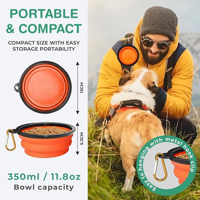 Collapsible Dog Bowls for Travel, BPA Free, Orange | Travel, Portable Water Bowl, Food, Foldable Pet Feeding Dish, Walking Hiking Camping with Carabiner, Dogs and Cats