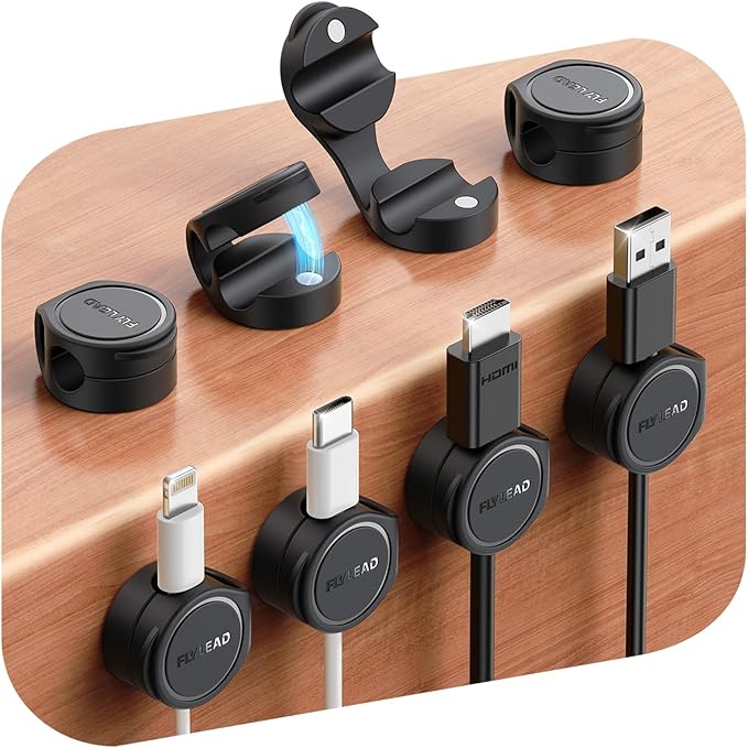 FLYLEAD 8-Pack Silicone Cord Organizer Magnetic Cable Clips, Adhesive | Resilient Yet Soft Rubber Cord Management Holder for Home Office Desk Accessories, Nightstand Phone Charger Wire Organization
