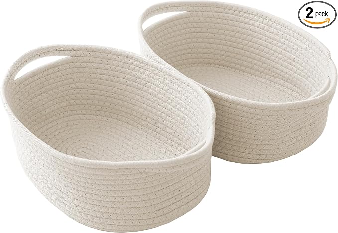JMvicyroam Small Woven Basket, Empty Gift Basket, White/2 Pack | Small Gift Basket, Cotton Rope, 12 x 8 x 7 in, Handles, Includes Ribbon and Bag, Birthday Gift Basket