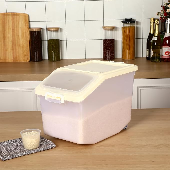 Sunnyray 4 Pcs Rice Storage Container Bulk 27.6 lb Airtight Flour Container with Wheels and Lids Measuring Cup Clear Pet Food Dog Birds Cat Food Bin Grain Cereal Organizer Box(Cream)