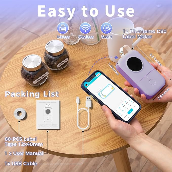 Phomemo D30 Portable Thermal Printer, Bluetooth Mini Label Maker Machine | Lightweight Portable Printer Small Label Maker, Abundant Templates Fonts & Icons for Kids Home School Office, Easy to Use