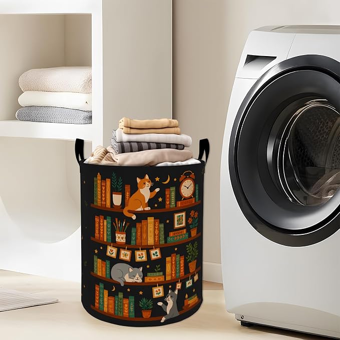Vintage Cat Bookshelf Laundry Basket, Retro Book Clock Floral Star Storage Hamper, Round Collapsible Waterproof Cloth Bin, 19.7x15.7 Inch Cute Clothes Organizer Gifts for Bathroom Decor