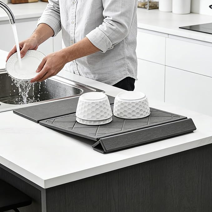 3-in-1 Collapsible Stone Dish Drying Mat for Kitchen Counter | Foldable Water Absorbing Diatomaceous Earth Drying Organizer Pad for Plate Rack Bottles Utensils (Gray - Grid Pattern, 24‘"x16")