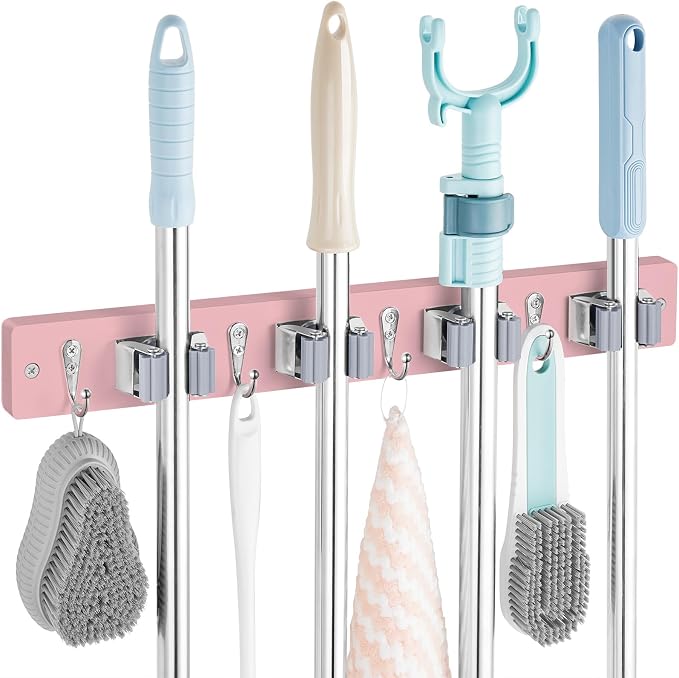 OUTNILI Pink Mop Broom Holder Wall Mount with 4 Slots & 4 Hooks - Wood Broom Mop Hanger for Pantry Closet Laundry Room Kitchen Organization - for Pink Kitchen Decor and Accessories