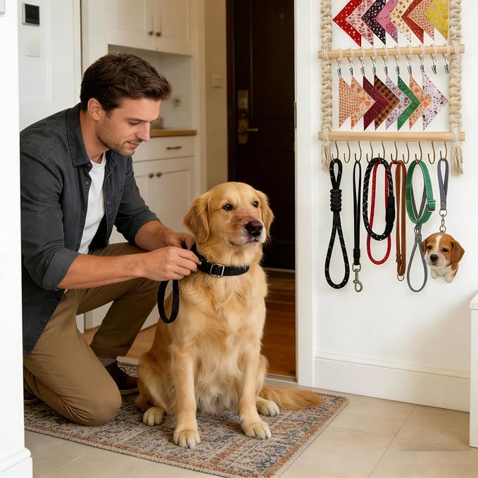 Dog Bandana Holder- Wall Hanging Dog Leash Holder Macrame Pet Accessory Organizer & Decor Hanging Headband Holder,Dog Collar Display (White)