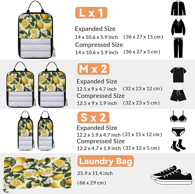 Lemon 6 Set Compression Packing Cubes Fruits Leaves Expandable Packing Organizer for Travel Accessories Luggage Suitcase Bag