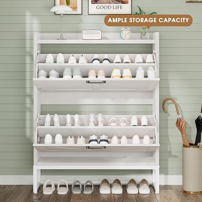 GRUSIGN Shoe Cabinet, Shoe Storage Cabinet with 2 Flip Drawers & Adjustable Shelf, Space-Saving Shoe Organizer – Holds 16+ Pairs, Narrow Shoe Cabinet Storage for Entryway/Hallway（White）