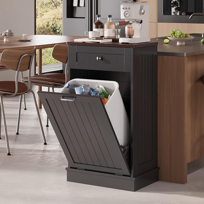 KIGOTY Tilt Out Trash Can Cabinet, Laundry Hamper Cabinet, Kitchen, Black