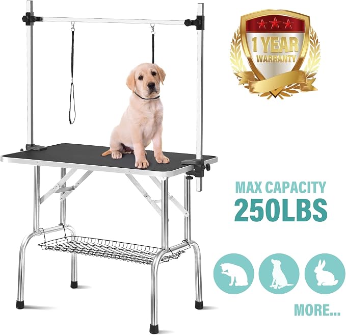 46" Professional Adjustable Pet Grooming Table Heavy Duty with Arm & Nosse & Mesh Tray for Large Dog Cat Shower Table Bath Station, Maximum Capacity Up to 300 LBS (Black 46 inch)