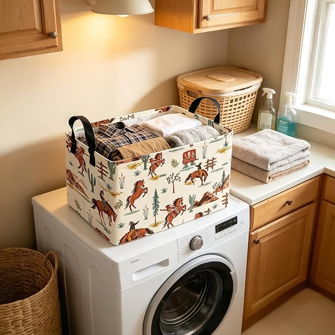 Western Cowboy Fabric Rectangular Nursery Storage Bin | Gifts Bag for Books,Clothes,Gifts,Pets-Perfect for Home,Office,Nursery,Dorm,Shelf