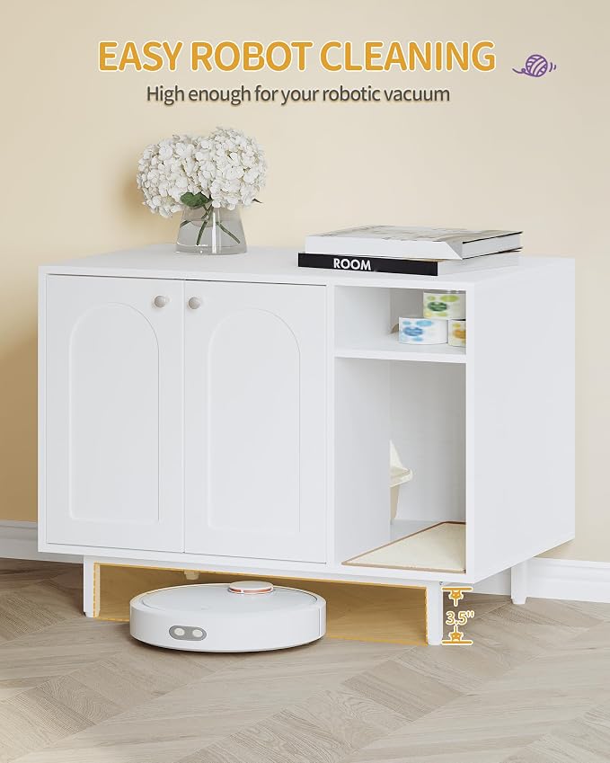 Hzuaneri Cat Litter Box Enclosure, Hidden Litter Box Furniture with Storage | Large Wooden Cabinet with Sisal Mat, Modern Cat Washroom for Living Room, Bedroom, Entryway, White CB01513W