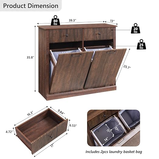 IFGET Double Tilt-Out Trash Cabinet, Fluted Laundry Hamper Cabinet, Brown