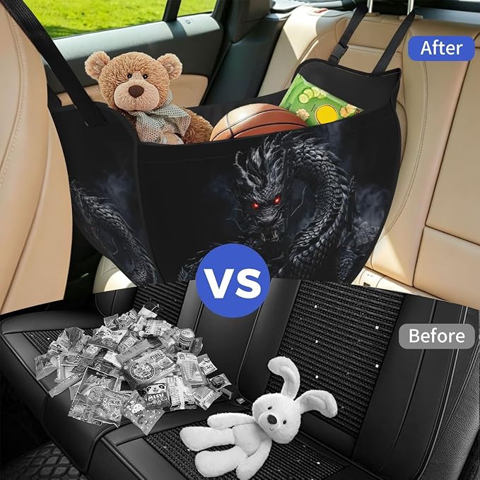 Black Dragon Car Seat Organizer-Backseat Storage Bag for Travel | Waterproof Durable. Holds Snacks Gear Essentials. Fits Most Cars.