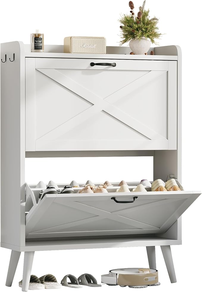 Shoe Cabinet Storage for Entryway with 2 Flip Drawers,Barn Door | Narrow Shoe Rack Cabinet with Adjustable Shelves & Hidden Storage for Foyer, Hallway, Living Room, 2 Hooks,White