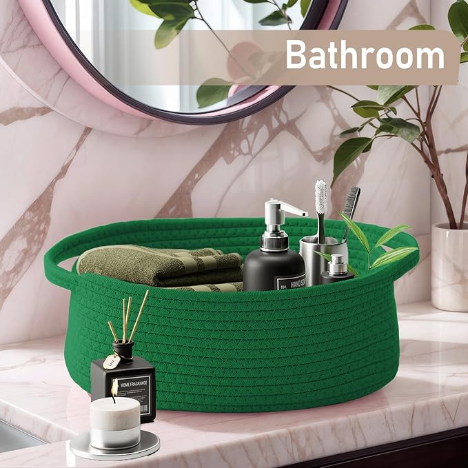 JMvicyroam Small Woven Basket, Empty Gift Basket, Green/1 Pack | Small Gift Basket, Cotton Rope, 12 x 8 x 18 in, Handles, Includes Ribbon and Bag, Birthday Gift Basket