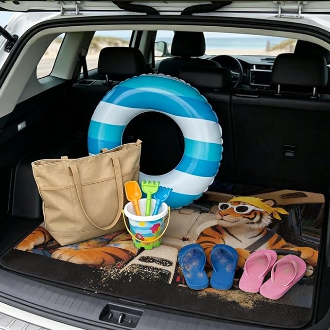 Cartoon Tiger Print Fun Style Car Trunk Mat 29" x 39", All Weather Non Slip Cargo Liner for SUV Truck, Durable Washable Pet Friendly Rear Protection Mats