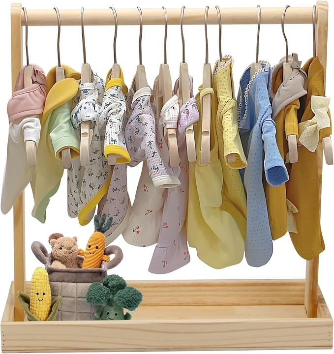 Wooden Baby Clothing Rack for Toddler, Baby Shower Crate Closet, Baby Storage Crate with Hangers, Pets Clothes Rack with Storage Box & Hanging Rod for Dogs Cats, Newborn Gifts Basket for Boys Girls