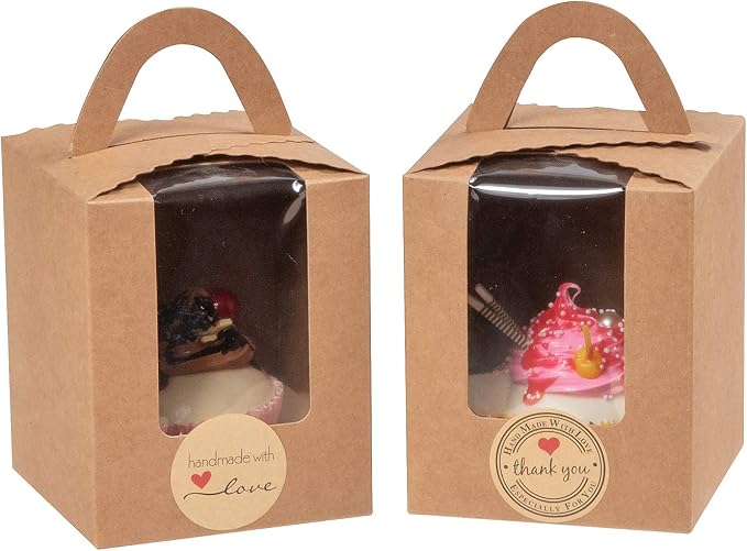 25 Pcs Single White Cupcakes Containers Gift Boxes with Window Inserts Handle for Wedding Candy Boxes (25P-Handle-Brown)