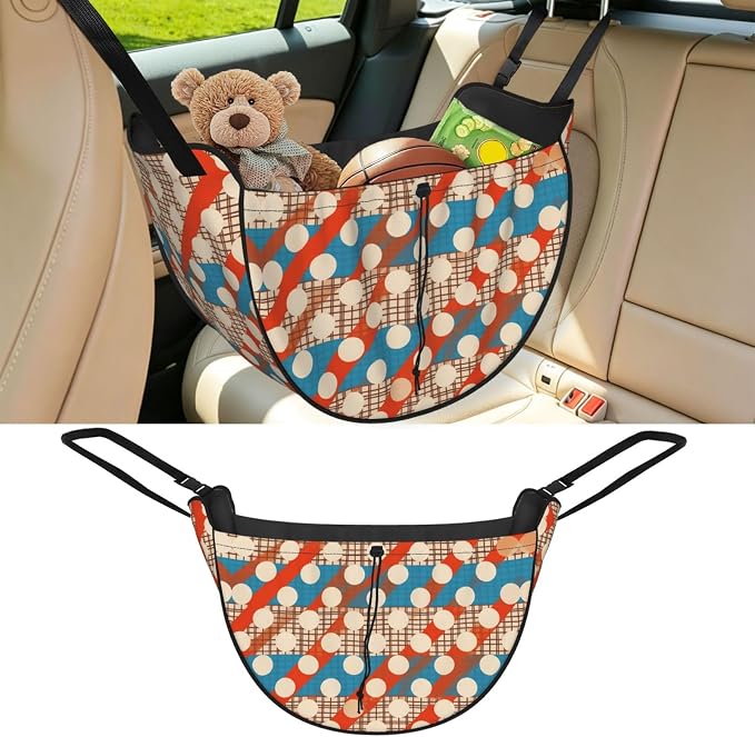 Dot Plaid Car Seat Organizer-Backseat Storage Bag for Travel | Waterproof Durable. Holds Snacks Gear Essentials. Fits Most Cars.