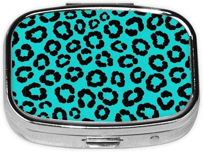 Square Pill Case 2-Compartment Medicine Organizer Portable Tablet Holder Travel Gym Office Use, Cheetah Blue and Black Leopard Print