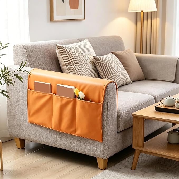 Sofa Armrest Cover with Pockets Set of 2 Furniture Protector Slip Technical Fabric Non Slip Recliner Organizer Remote Holder Caddy Accessories for Living Room Bedroom Kitchen Home 24*43.3 Inch Orange