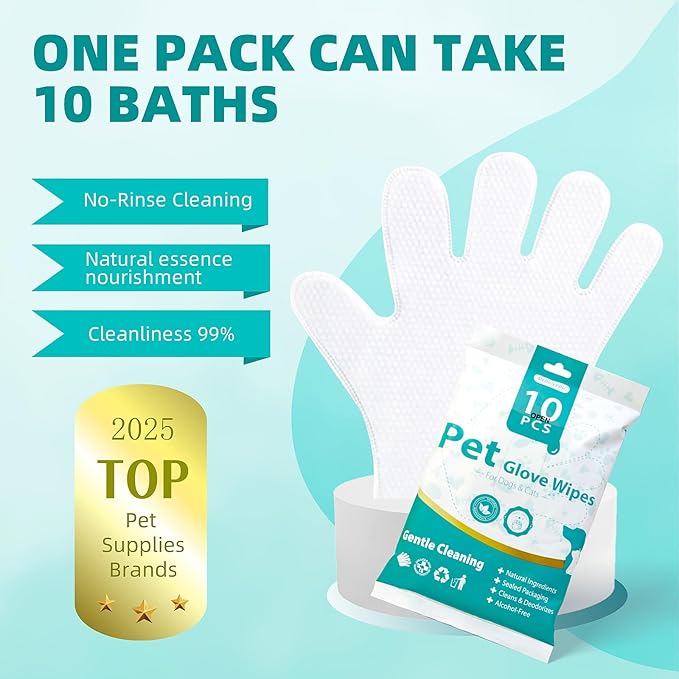 MEDUWEDU [10 Count] No-Rinse Pet Glove Wipes – 5-Finger Design, Coconut Oil & Aloe, Hypoallergenic Grooming Mitts for Dogs & Cats