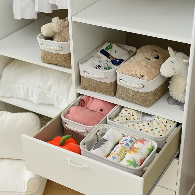 Storage Basket for Organizing - 1 Pack 12x8x5.2 inch Baskets for Gifts Empty with Handles, Fabric Storage Cubes for Organizer Closet Dog Gift Cloth Toy (Whiet & Khaki)