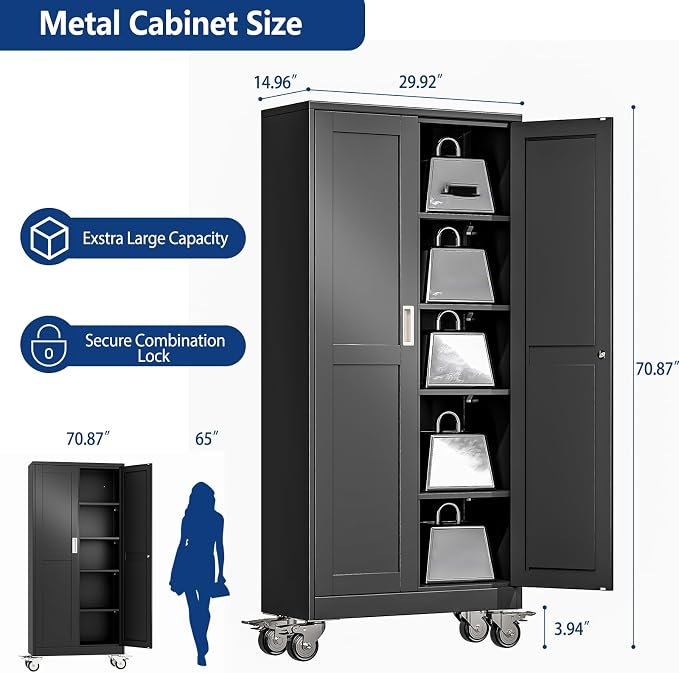 Ckzbx Metal Garage Storage Cabinet with Locking Doors and Adjustable Shelves,71" H Rolling Tool Storage with Wheels for Garage,Office (Black)
