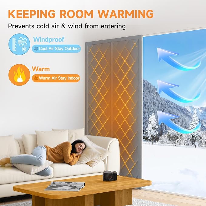 Magnetic Thermal Insulated Door Curtain for Winter Fits Door Size 36" x 80", Temporary Thermal Door Cover for Cold with Thickened Cotton, Window Insulation Kit for Sliding Glass Doorways - Gray