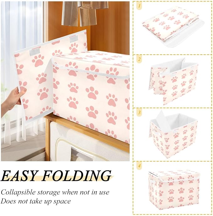 Kigai Paws Cat Dog Storage Bins with Lids, Fabric Organizer Box with Flip-Top & Handles, Foldable, Stackable Collapsible Container for Closet, Home, Bedroom