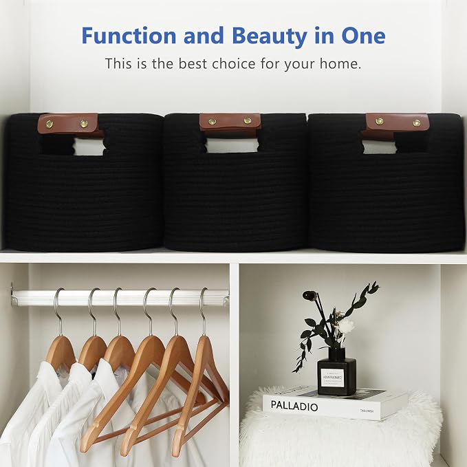 ECDYQXVU 15x10x9 Black Woven Cotton Rope Storage Basket Handles 1 Pack | Foldable Design, Leather Handles, Easy to Clean Organizer for Living Room, Closet, Shelves, Bedroom, Laundry, Clothes
