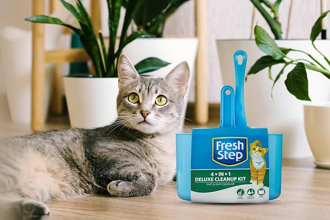 Fresh Step 4-in-1 Deluxe Cat Litter Cleanup Kit | Includes scoop, broom, dust pan, and hanging caddy, compatible with standard litter boxes, blue, 4-in-1