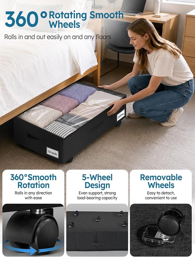 10-in 75L Low Profile Under Bed Storage with Wheels, 2 Pack,Black | 5 Rotating Wheels, Large Clear lid, Rigid Sides & Bottom, Low Space Storage, Under Bed, Couch, Crib, Dorm Organization