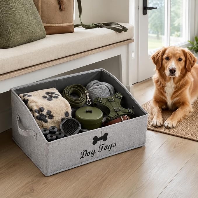 Geyecete Foldable Fabric Dog Toy Storage Box - Collapsible Basket with Handle, Organizer for Large Dog Toys (Slub Gray-DOG)