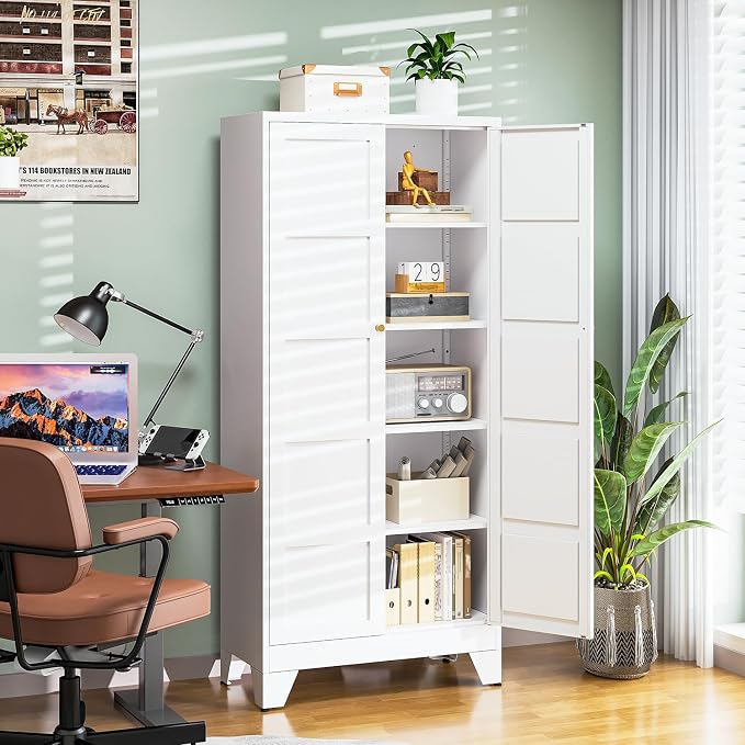72" H Metal Storage Cabinet with 2 Doors and 4 Shelves,Tall Kitchen Pantry Cabinets,Utility Pantry Organizers for Cupboard/Dining/Bathroom/Home Office/Garage (White, 72" H x 18" D x 33.5" W)