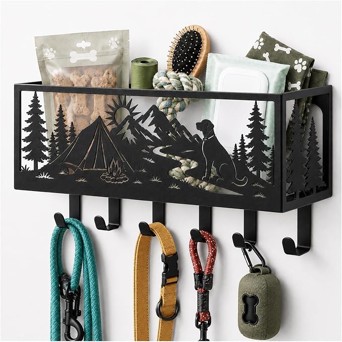 Custom Dog Leash Holder for Wall Outdoor Pet Supply Organizer with Basket | Personalized Dog Leash Holder with Storage Basket, Mountain Dog Design, Wall Mount Organizer for Leash, Keys and Pet Supplies