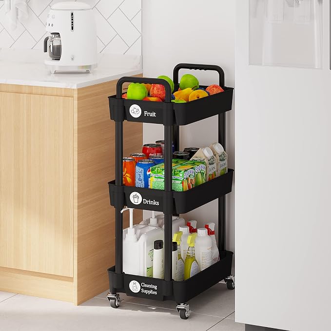 Laiensia 3-Tier Storage Carts,Multifunction Utility Rolling Cart Kitchen Storage Organizer,Mobile Shelving Unit Cart with Lockable Wheels for Bathroom,Laundry,Living Room,With Classified Sticker,Black