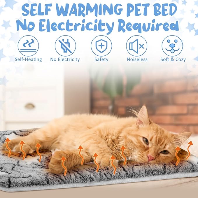 2 Pack Self Warming Cat Mat Self Heating Pad Bed Reversible Machine Washable Reflects Body Heat Warm Thermal Pet Pad Crate Blanket for Feral and Indoor Cat(Grey,17'' X 17'',Double Star)