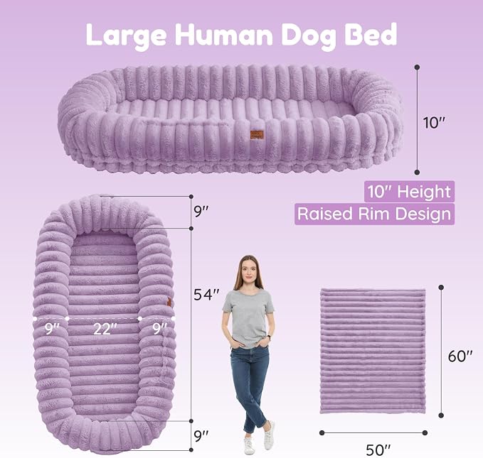 ChiXnuggle Orthopedic Human Dog Bed,Striped Faux Fur Washable Cover,Blanket | purple,72*40*10,giant dog bed for adult or extra large dogs,egg crate foam,non-slip bottom