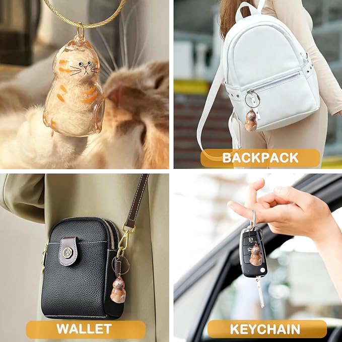 Cute Cat Hair Keychain Transparent Pet Fur Keepsake with Tweezer | Portable Cat Fur Keychain DIY Pet Hair Memorial Keepsake Cats Hairs Collector Charm Storage Box, Cats Lover Collecting Gifts