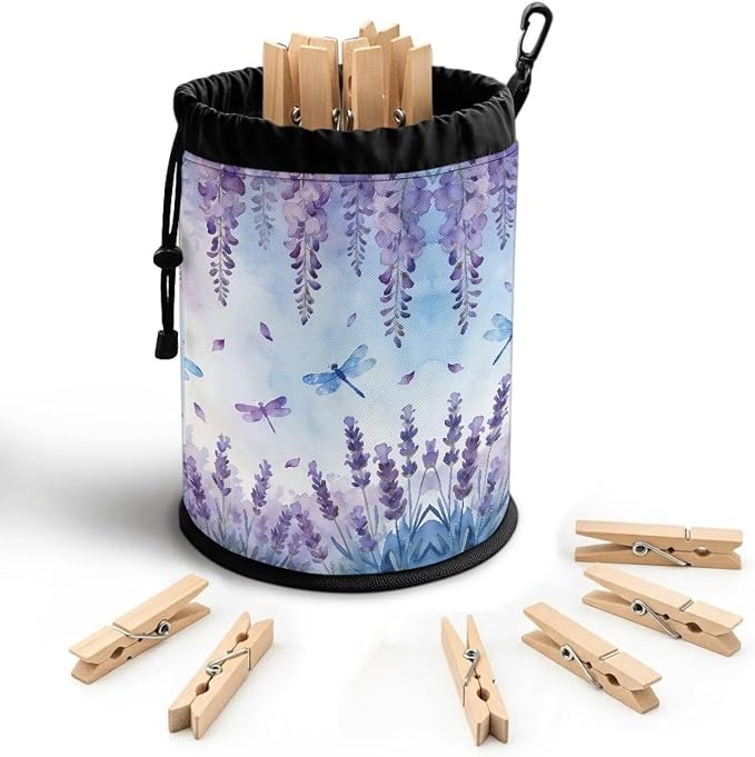Lavender Dragonfly Drawstring Laundry Clothespin Bag, Peg Organizer Pouch with Multi-Hang Loop, Portable Storage for Clips, Perfect for Drying Rack, Camping Trips, Dorm